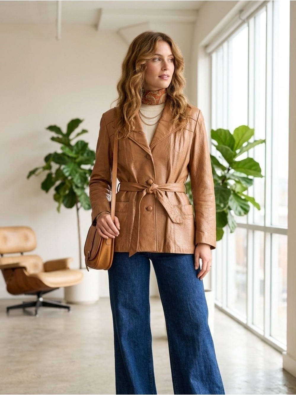 Vintage The Old Mill Glen Laine by Bainton Tan Leather Belted Jacket - Large